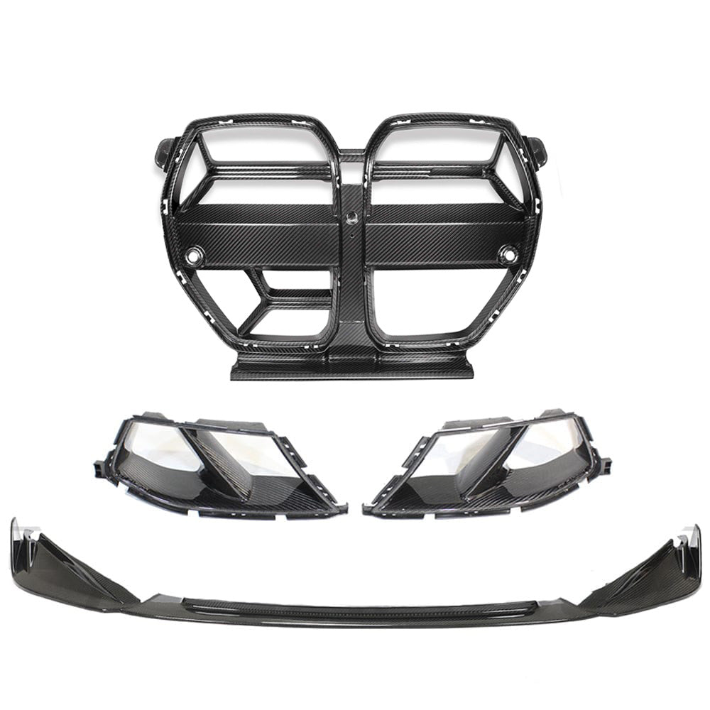 BMW M3/M4 G80/G81/G82/G83 CARBON FIBRE FRONT END PACK - V1 WITH ACC-Front End Pack-CT CARBON-CT Carbon - High-quality carbon fiber and gloss black aerodynamic parts for premium sports and luxury vehicles.